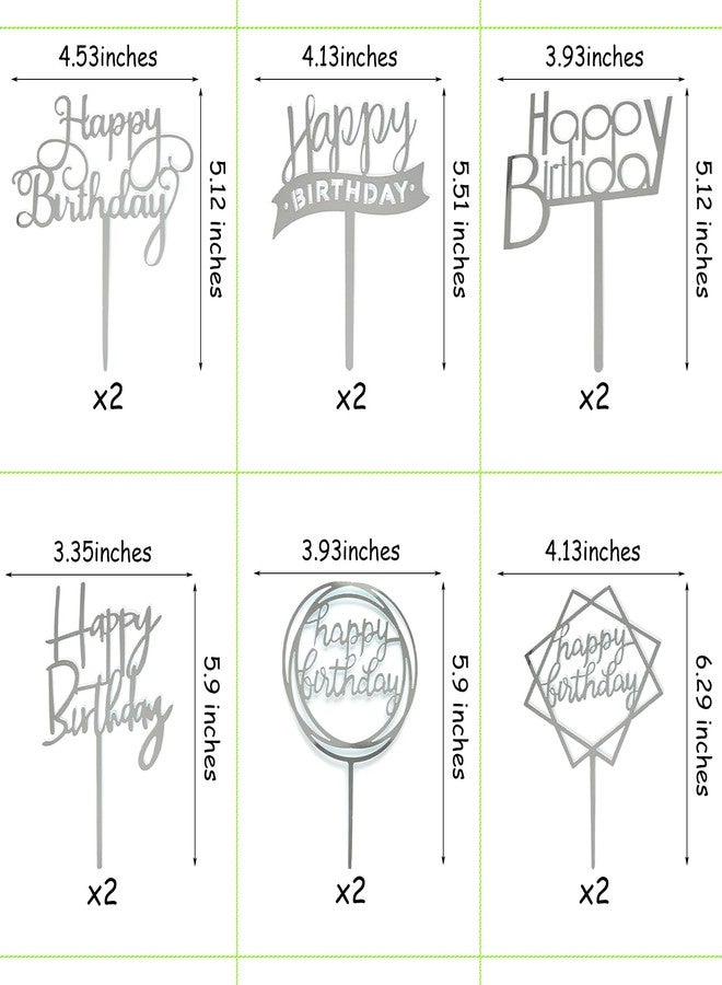 Chewarelly 12 Pack Multi Styles Birthday Cake Topper Set, Acrylic Cake Bunting Decor Birthday Cake Picks Party Decorations Supplies(Silver) - Image 2