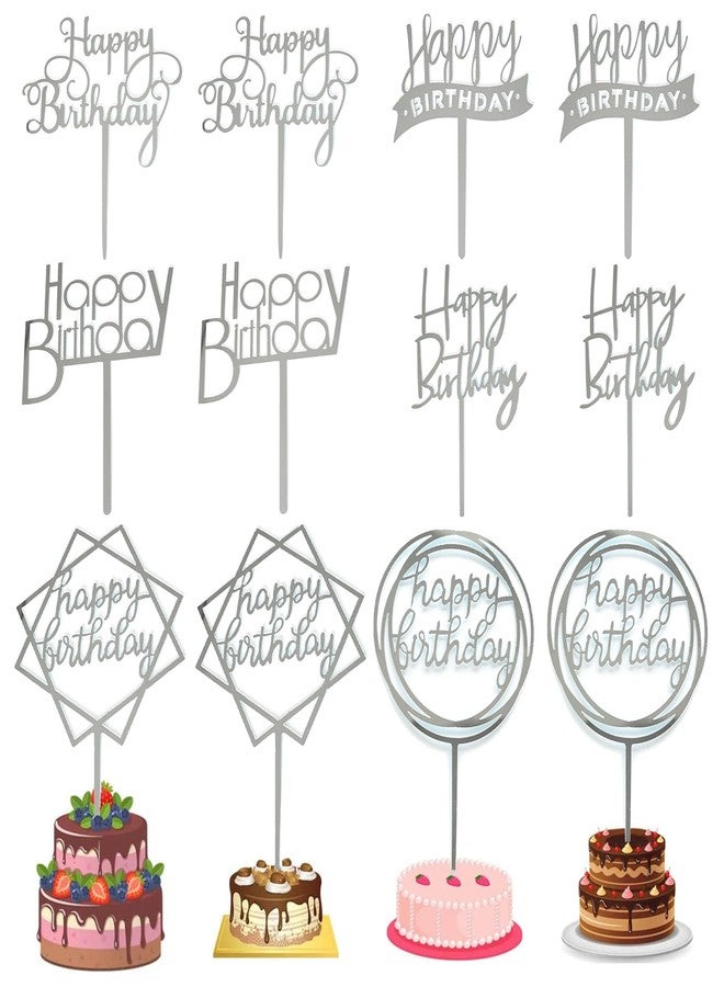Chewarelly 12 Pack Multi Styles Birthday Cake Topper Set, Acrylic Cake Bunting Decor Birthday Cake Picks Party Decorations Supplies(Silver) - Image 1