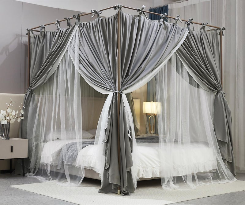 AIOOO 4 Corners Post Princess Curtain Bed Canopy Double Layer Cozy Mosquito Net Mesh and Cloth for Girls Adults Bedroom Decoration DoubleGreyWhite 53 W78 L82HFull