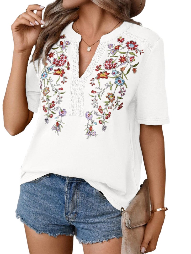 WROLEM Mexican Shirts for Women Embroidered Tops Traditional Summer Blouse Floral Tunic V Neck Short Sleeve T Shirt White - Image 1