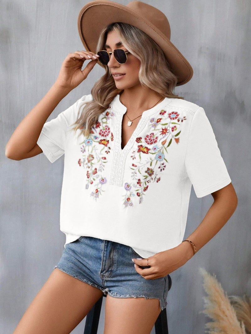 WROLEM Mexican Shirts for Women Embroidered Tops Traditional Summer Blouse Floral Tunic V Neck Short Sleeve T Shirt White - Image 3