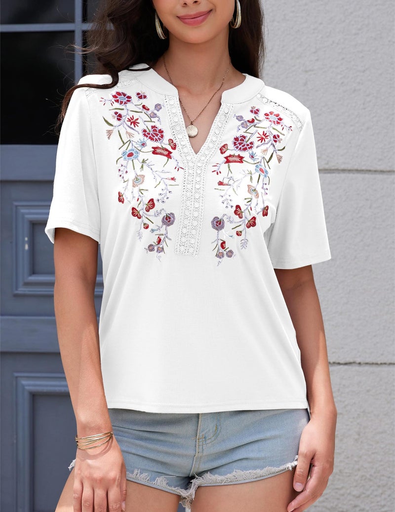 WROLEM Mexican Shirts for Women Embroidered Tops Traditional Summer Blouse Floral Tunic V Neck Short Sleeve T Shirt White - Image 5