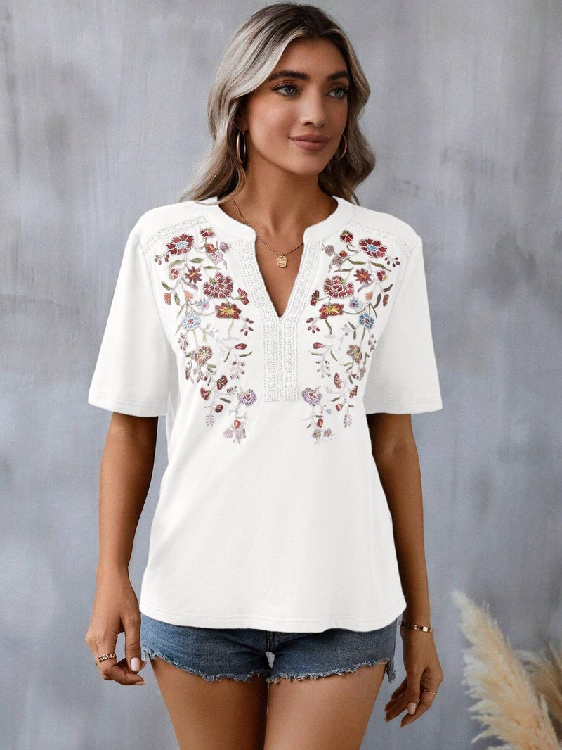 WROLEM Mexican Shirts for Women Embroidered Tops Traditional Summer Blouse Floral Tunic V Neck Short Sleeve T Shirt White - Image 2
