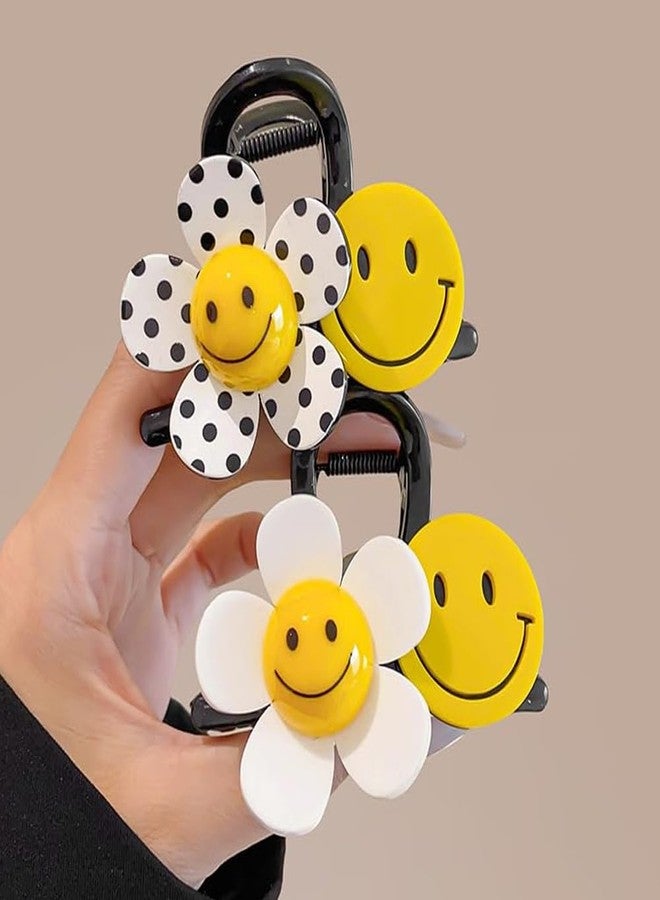 Melodio 2PCS Flower Smiley Face Hair Claw Clips for Women, Cute Flower Jaw Clips Strong Hold Non-Slip Hair Accessories, Large Shark Claw Clips for Thick Hair Updos and Summer Hairstyles - Image 2