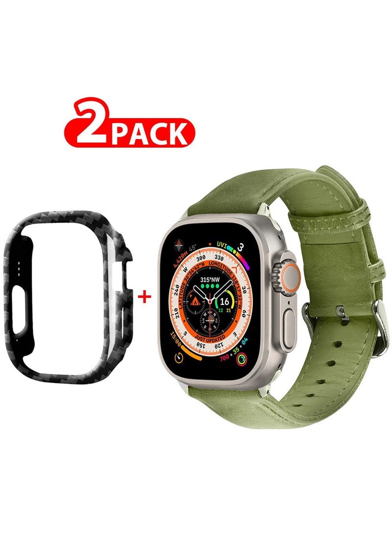 CATANES 2 Packs For Apple Watch Band 49mm Leather Band Buckle Strap Wristband and Carbon Fiber Cup Holder Olive Green - Image 1