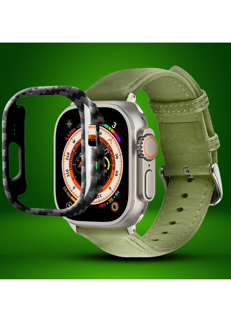 CATANES 2 Packs For Apple Watch Band 49mm Leather Band Buckle Strap Wristband and Carbon Fiber Cup Holder Olive Green - Image 2