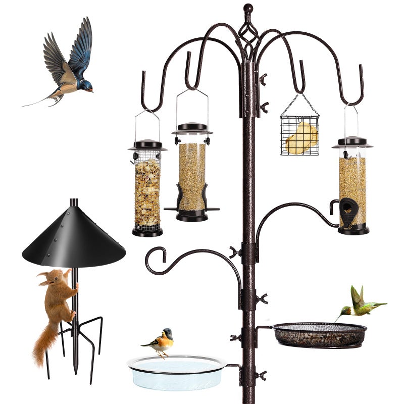 YINGYM 6-Hook Bird Feeding Station Kit Wild Bird Feeder Stand Pole, Multi-Feeder Hanging Kit Stand with Water Bowl, Mesh Tray and Squirrel Guard Baffle, 94 Inch - Image 1