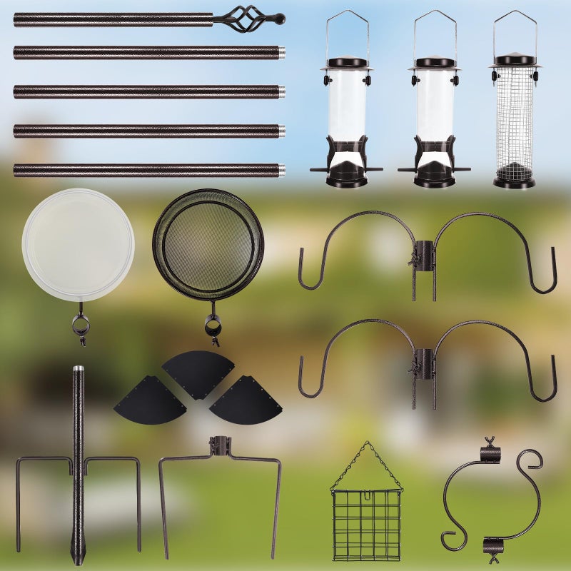 YINGYM 6-Hook Bird Feeding Station Kit Wild Bird Feeder Stand Pole, Multi-Feeder Hanging Kit Stand with Water Bowl, Mesh Tray and Squirrel Guard Baffle, 94 Inch - Image 5