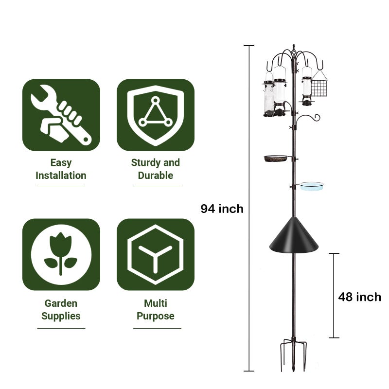 YINGYM 6-Hook Bird Feeding Station Kit Wild Bird Feeder Stand Pole, Multi-Feeder Hanging Kit Stand with Water Bowl, Mesh Tray and Squirrel Guard Baffle, 94 Inch - Image 2
