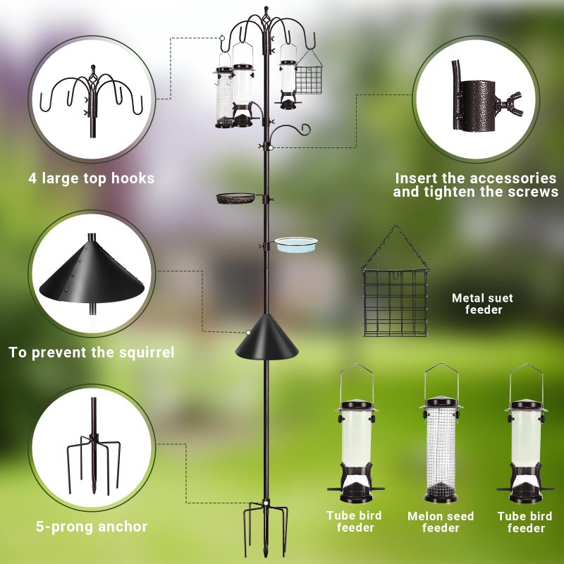 YINGYM 6-Hook Bird Feeding Station Kit Wild Bird Feeder Stand Pole, Multi-Feeder Hanging Kit Stand with Water Bowl, Mesh Tray and Squirrel Guard Baffle, 94 Inch - Image 3