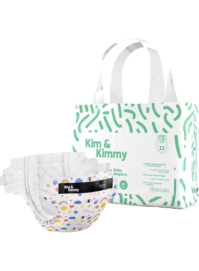 Kim & Kimmy Eco Diapers Newborn Up To 5 Kg 32 Diapers 12 Hour Leak Protection Rash Free Hypoallergenic Cruelty Free Vegan Funny Icons - Image 1