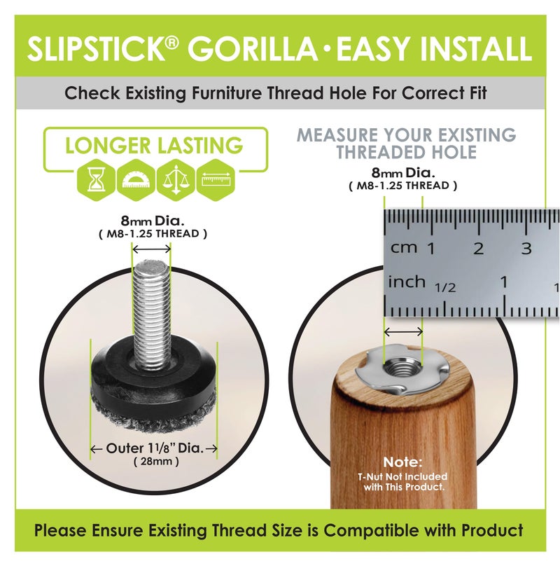 Slipstick Gorilla Outdoor Adjustable Furniture Levelers (8 Pack) Weatherproof Screw in Leg Glides for Chairs, Tables, and Outdoor Furniture Feet, 1-1/8 Inch Berber Glide, M8 Thread - Image 5