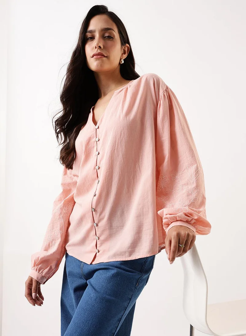 Dennis Lingo Women's Peach Bud Cambric Embroidered T-Shirt Regular Fit Tops