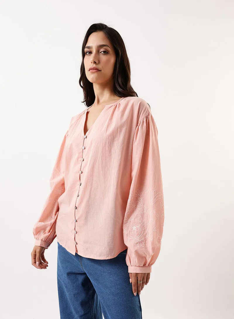 Dennis Lingo Women's Peach Bud Cambric Embroidered T-Shirt Regular Fit Tops