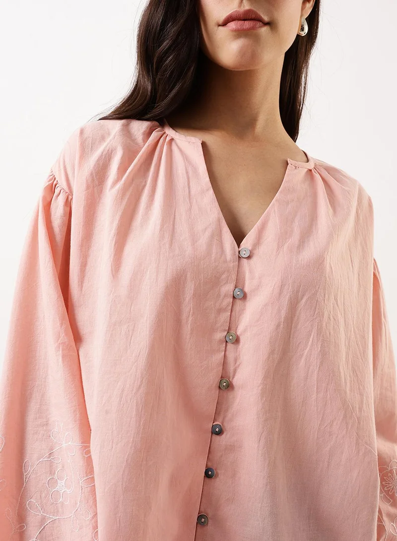 Dennis Lingo Women's Peach Bud Cambric Embroidered T-Shirt Regular Fit Tops