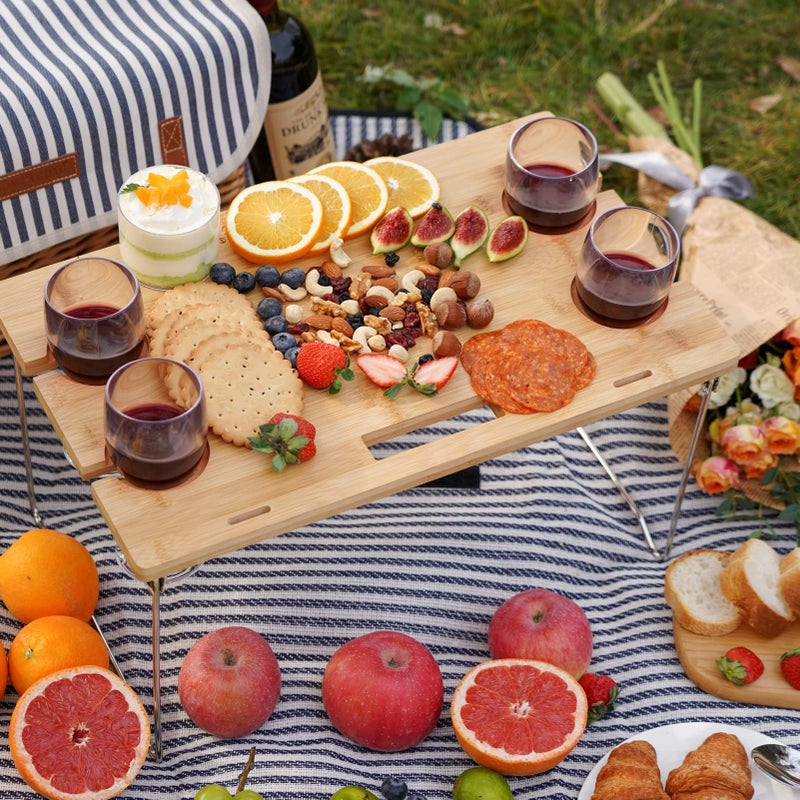 WILLOW WEAVE Wicker Picnic Basket for 4, 4 Person Picnic Kit, Willow Hamper Service Gift Set with Blanket Portable Bamboo Wine Snack Table for Camping and Outdoor Party - Image 3