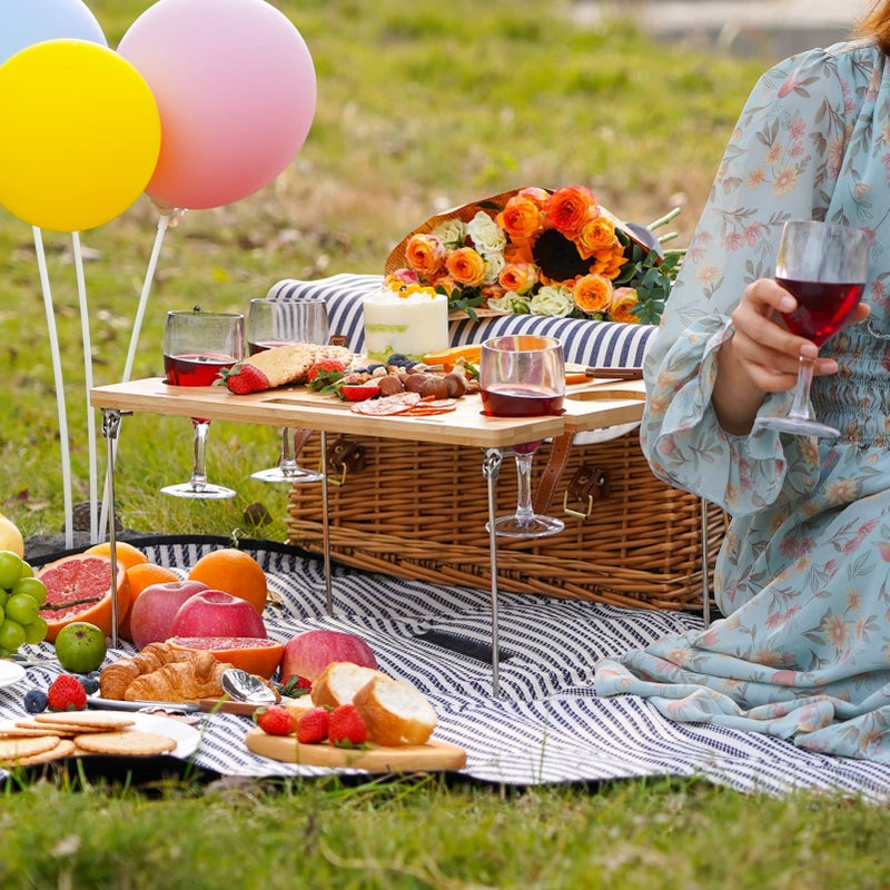 WILLOW WEAVE Wicker Picnic Basket for 4, 4 Person Picnic Kit, Willow Hamper Service Gift Set with Blanket Portable Bamboo Wine Snack Table for Camping and Outdoor Party - Image 5