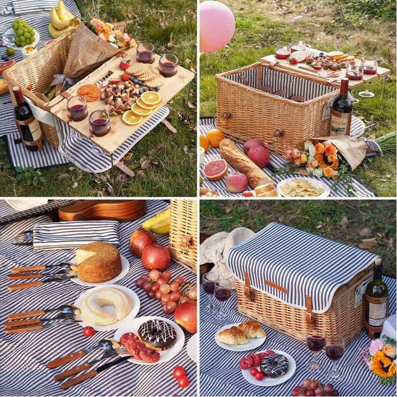 WILLOW WEAVE Wicker Picnic Basket for 4, 4 Person Picnic Kit, Willow Hamper Service Gift Set with Blanket Portable Bamboo Wine Snack Table for Camping and Outdoor Party - Image 4