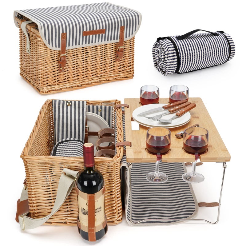WILLOW WEAVE Wicker Picnic Basket for 4, 4 Person Picnic Kit, Willow Hamper Service Gift Set with Blanket Portable Bamboo Wine Snack Table for Camping and Outdoor Party - Image 1