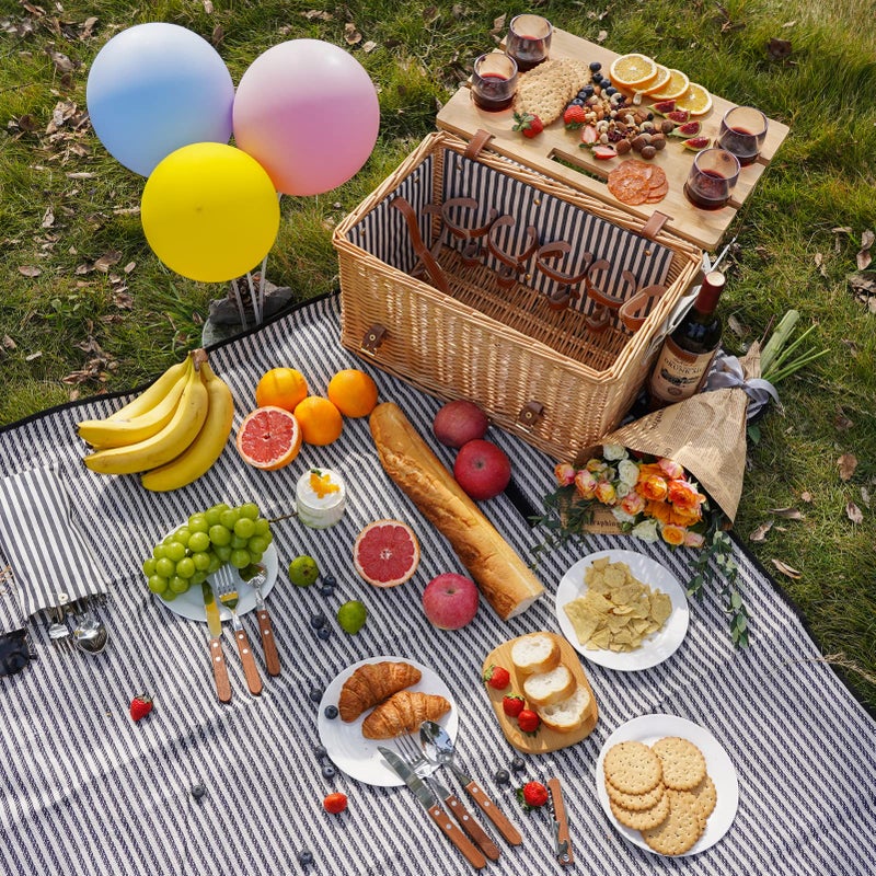 WILLOW WEAVE Wicker Picnic Basket for 4, 4 Person Picnic Kit, Willow Hamper Service Gift Set with Blanket Portable Bamboo Wine Snack Table for Camping and Outdoor Party - Image 2