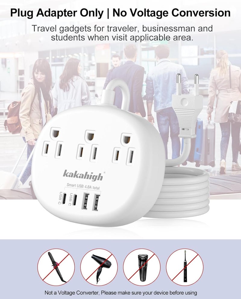 European Travel Plug Adapter, European Extension Cord 3FT | EU Outlet Adapter with 3 USA Outlets and 4 USB, Type C Plug Adapter for Most of Europe Iceland Spain Italy France Germany etc - Image 3