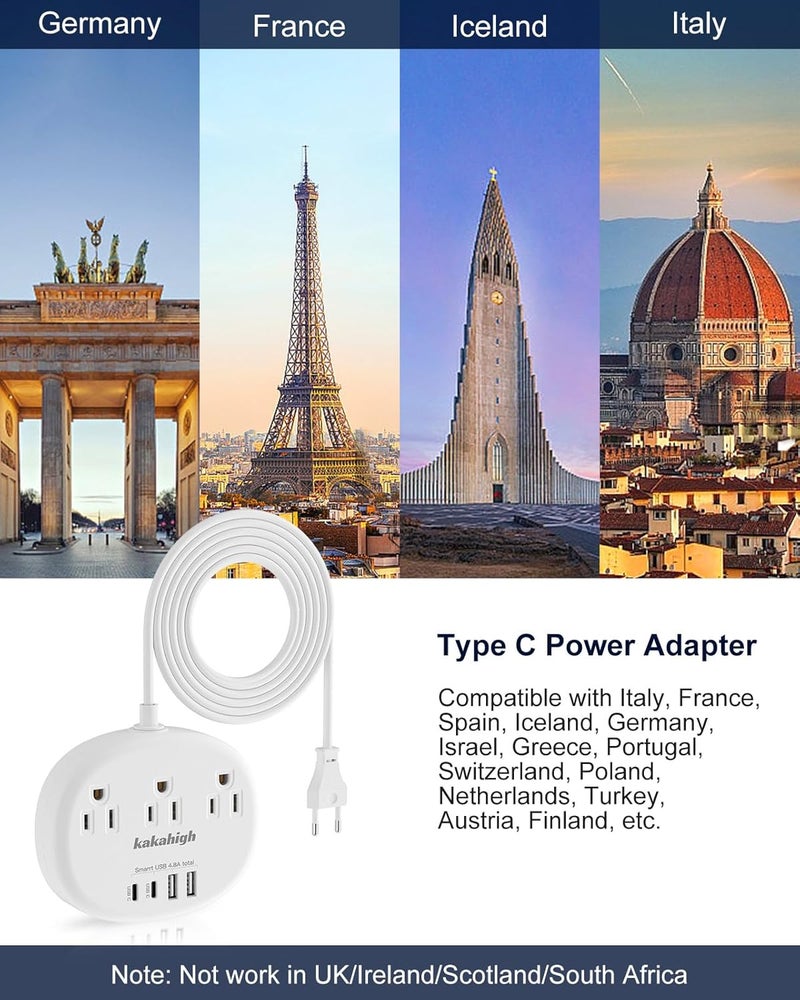 European Travel Plug Adapter, European Extension Cord 3FT | EU Outlet Adapter with 3 USA Outlets and 4 USB, Type C Plug Adapter for Most of Europe Iceland Spain Italy France Germany etc - Image 2