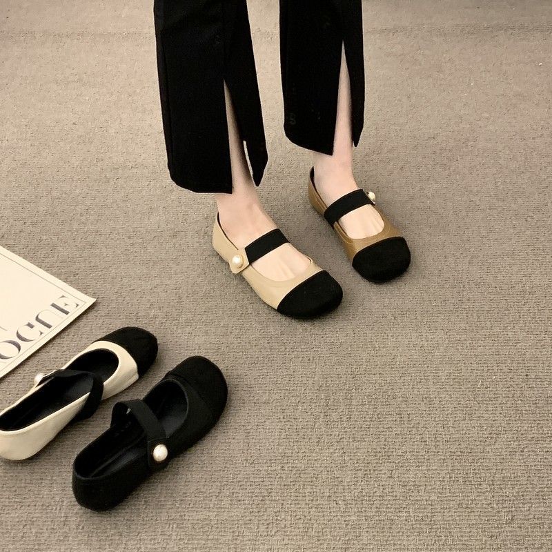 One Pedal Round Head Single 2024 Spring And Pearl Elastomer Color-Matching Mary Jane Shoes Young Teacher Shoes Soft Sole - Image 3