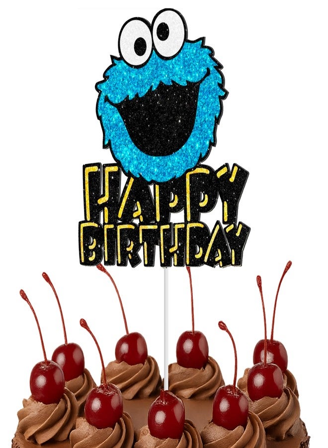 ULVEOL Blue Glitter Birthday Party Cartoon Decorations Supplies - Monster Happy Birthday Cake Topper - Cookie Theme Decor for Baby Shower - Cake Decoration for Girls or Boys - Image 1
