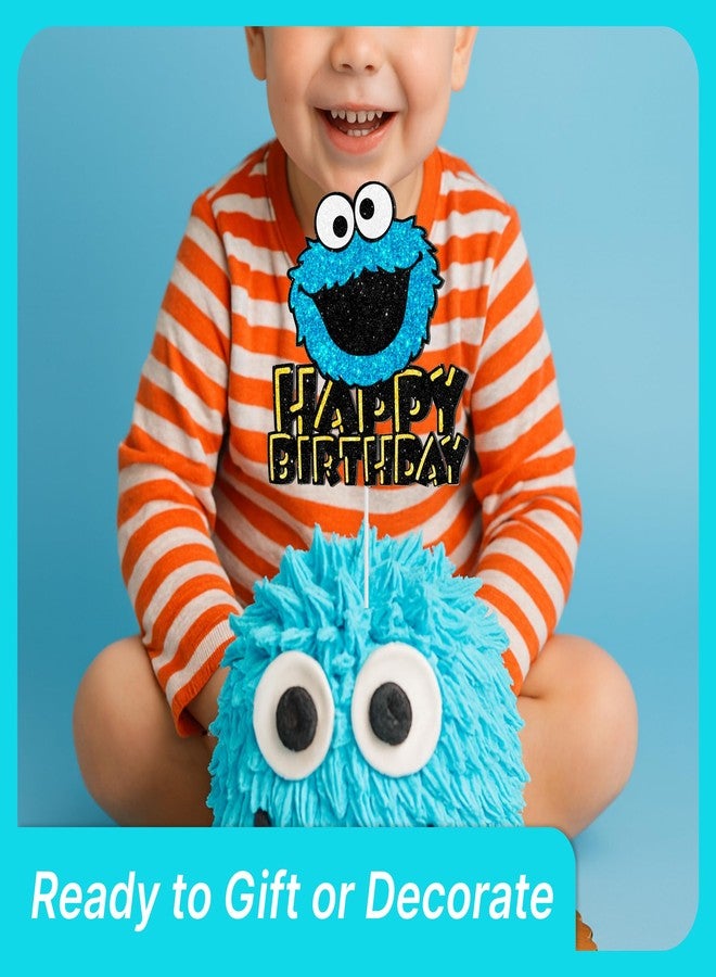 ULVEOL Blue Glitter Birthday Party Cartoon Decorations Supplies - Monster Happy Birthday Cake Topper - Cookie Theme Decor for Baby Shower - Cake Decoration for Girls or Boys - Image 3