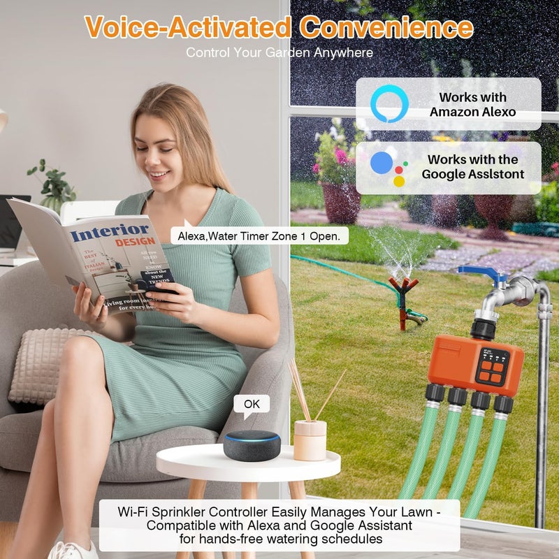 XinFuture Smart WiFi Sprinkler Timer 4 Zone,WiFi Water Timer for Garden Hose with 300M Range,APP & Remote Control,Alexa & Google Voice Compatible,Rain Delay, Manual Mode Sprinkler System - Image 3