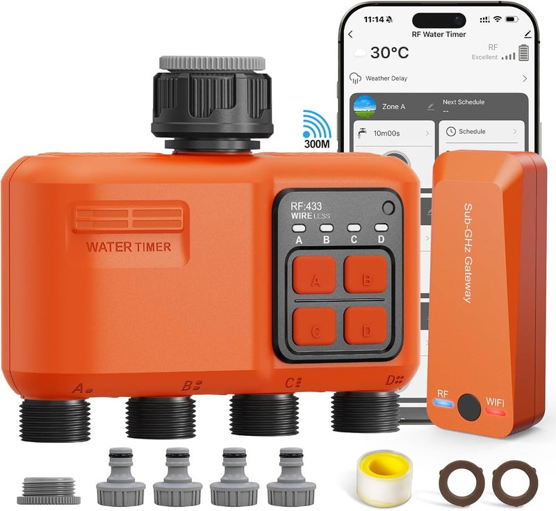 XinFuture Smart WiFi Sprinkler Timer 4 Zone,WiFi Water Timer for Garden Hose with 300M Range,APP & Remote Control,Alexa & Google Voice Compatible,Rain Delay, Manual Mode Sprinkler System - Image 1