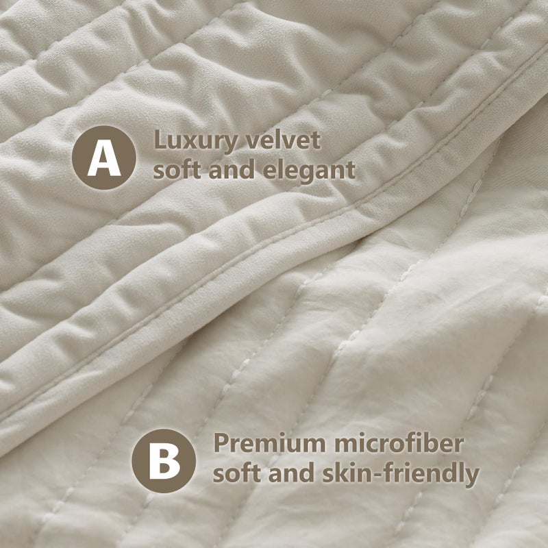 KASENTEX Luxury Velvet Quilt Set 3 Pieces Oversize King,Soft Bedspread Coverlet with 2 Pillow Shams, Lightweight Bed Blanket, Elegant Stitch Design, Machine Wash All Season Bedding,Light Khaki - Image 3