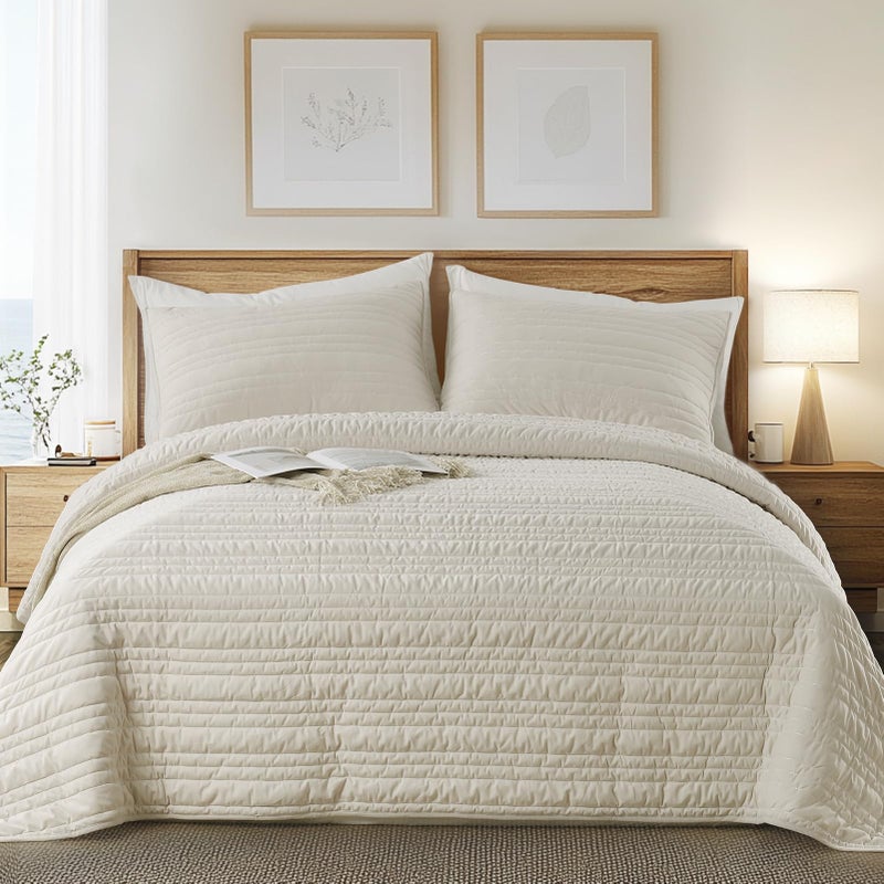 KASENTEX Luxury Velvet Quilt Set 3 Pieces Oversize King,Soft Bedspread Coverlet with 2 Pillow Shams, Lightweight Bed Blanket, Elegant Stitch Design, Machine Wash All Season Bedding,Light Khaki - Image 1