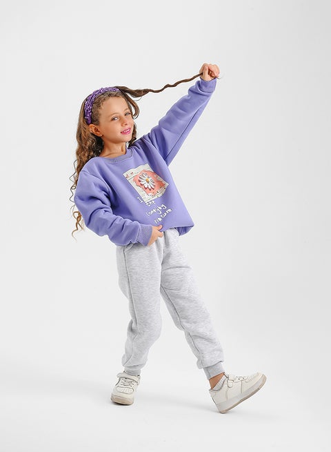 طقم بيجامه شتوي بنات مبطن فليس بطبعة الزهور