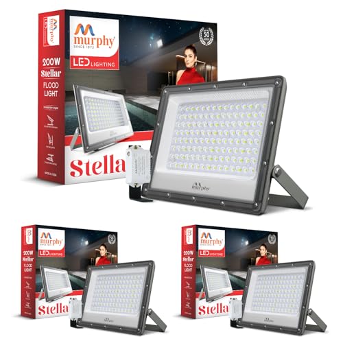 Murphy Stellar 200W LED Flood Light with Auto Day-Night Sensor | Ultra-Bright 6500K Cool White | IP66 Waterproof & Surge Protected | High Lumen Outdoor Security Light for Factory, (Pack of 3) - Image 1