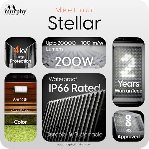Murphy Stellar 200W LED Flood Light with Auto Day-Night Sensor | Ultra-Bright 6500K Cool White | IP66 Waterproof & Surge Protected | High Lumen Outdoor Security Light for Factory, (Pack of 3) - Image 4