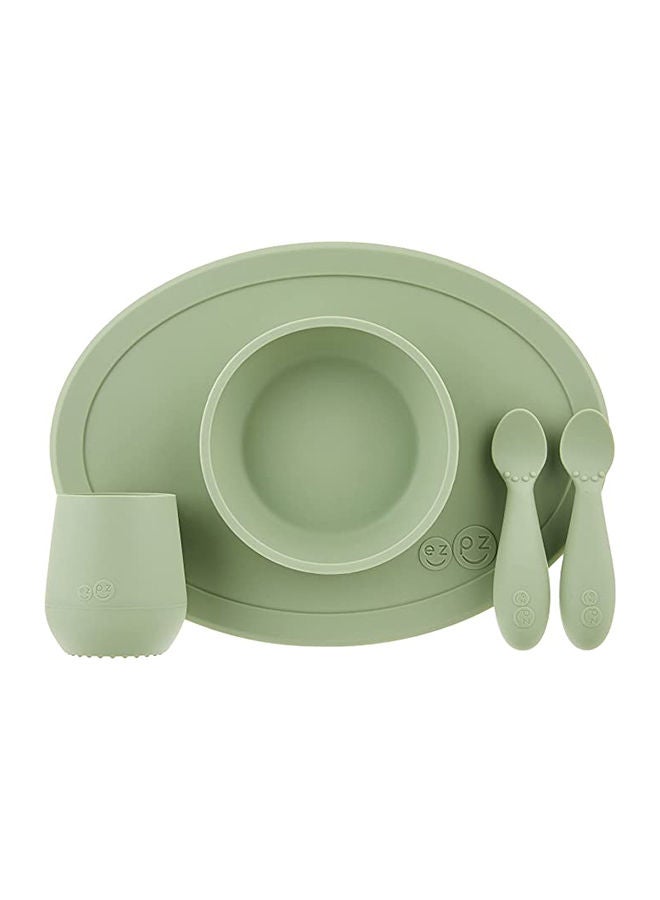 ازبيز مجموعة تغذية الأطفال - كوب سيليكون 100٪ ، ملعقة ووعاء مع مفرش مدمج للأطعمة الأولى, الفطام بقيادة الطفل , مهروس صممه أخصائي تغذية الأطفال 6 أشهر ، أخضر (المريمية) - Image 1