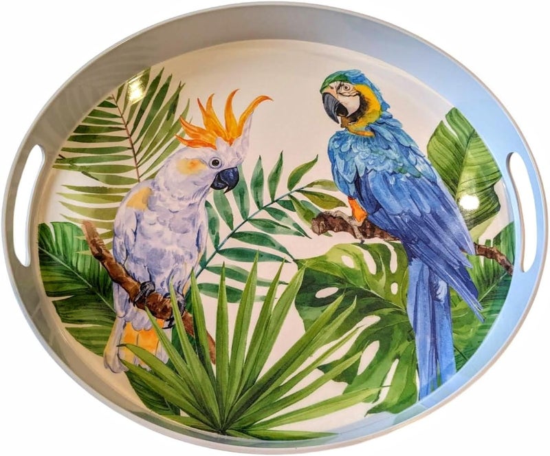 Parrot Cockatiel Birds Melamine Plastic 15 x 17 Oval Platter Serving Tray Tropical Hand Grip Holes on Each end for Easy Carrying - Image 1