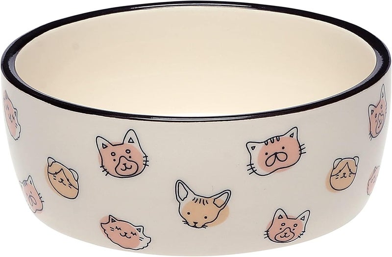 Pearhead Cat Faces Pattern Ceramic Pet Bowl Holds 2 Cups Medium Water and Food Dish Microwave and Dishwasher Safe - Image 1