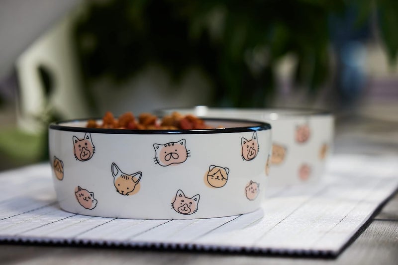 Pearhead Cat Faces Pattern Ceramic Pet Bowl Holds 2 Cups Medium Water and Food Dish Microwave and Dishwasher Safe - Image 3