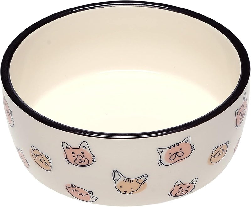 Pearhead Cat Faces Pattern Ceramic Pet Bowl Holds 2 Cups Medium Water and Food Dish Microwave and Dishwasher Safe - Image 2