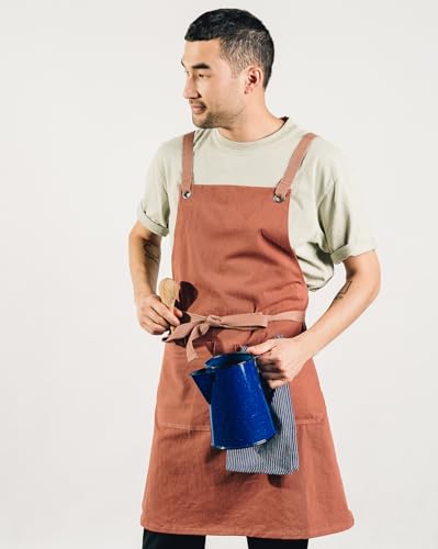 Caldo Crossback Kitchen Apron for Cooking - Mens and Womens Professional Chef or Server Bib Apron - Adjustable Crossback Style - Rustic- Midweight Cotton (Terracotta) - Image 3