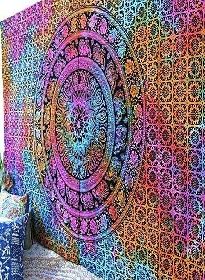 ART WORLD Elephant Mandala Tapestry Poster Psychedelic Boho Tie Dye Printed Wall Hanging Decoration (Multi Color, Twin) - Image 1