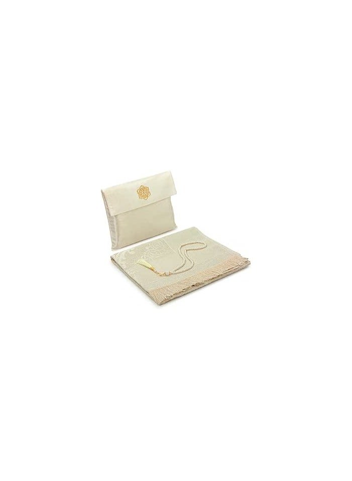 Muslim Prayer Rug and Beads with Elegant Slub Fabric Bag | Janamaz | Sajadah | Soft Islamic Prayer Rug | Islamic Gifts | Prayer Carpet Mat, Taffeta Fabric, Ecru