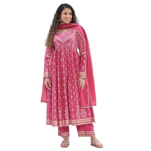 BIBA Women Onion Pink Cotton Anarkali Suit Set_32 - Image 1