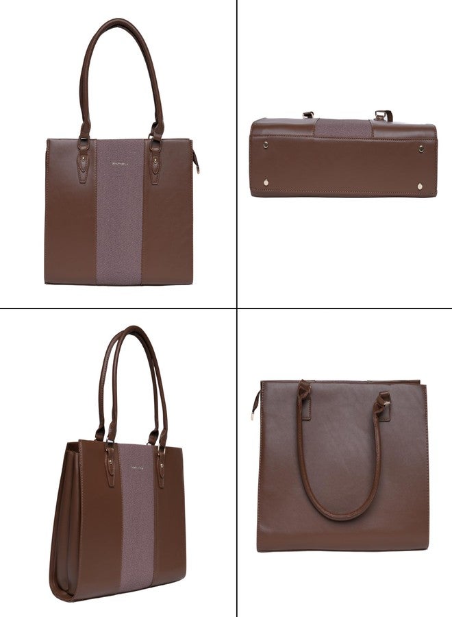 SANTORINI Beauty Bella Women’s Structured Tote Bag | Office Handbag with Dual Compartments for Work & Everyday Use (Brown) - Image 3