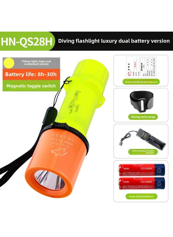 Diving Special Flashlight Strong Light Charging Outdoor Super Bright Waterproof Underwater Professional Deep Diving Night Diving Fish Searchlight-Product Specifications:(Yellow Light) HN-QS28 Diving Flashlight (luxury Dual Battery Version)  - Image 1