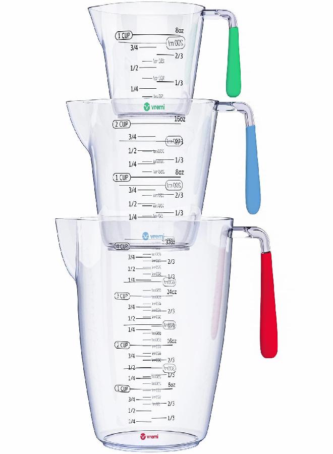 Vremi 3 Piece Plastic Measuring Cups Set - BPA Free Liquid Nesting Stackable Measuring Cups with Spout and Decorative Red Blue and Green Handles - includes 1, 2 and 4 Cup with Ml and Oz Measurement - Image 2