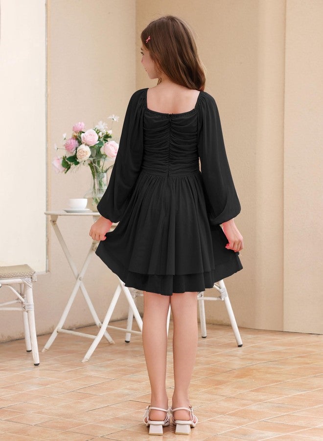 ODIZLI Kids Girls Mesh Long Sleeve Ruched Double Layered Ruffle A Line Party Dress Square Neck Fall Casual Tween Dresses, Black, 7-8 Years - Image 5