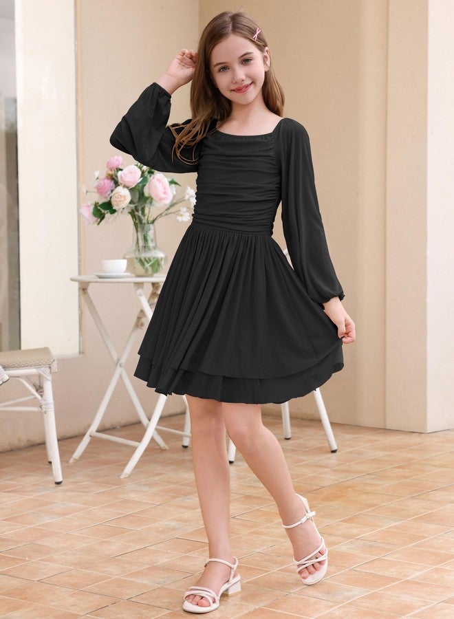 ODIZLI Kids Girls Mesh Long Sleeve Ruched Double Layered Ruffle A Line Party Dress Square Neck Fall Casual Tween Dresses, Black, 7-8 Years - Image 4